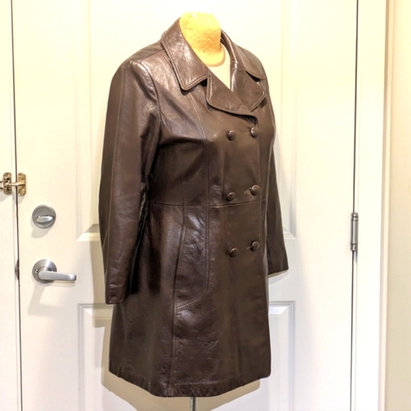 🇨🇦 Gorgeous 70s Trojan 20/XL Brown Leather Trench Coat Made in Canada - Picture 2 of 13